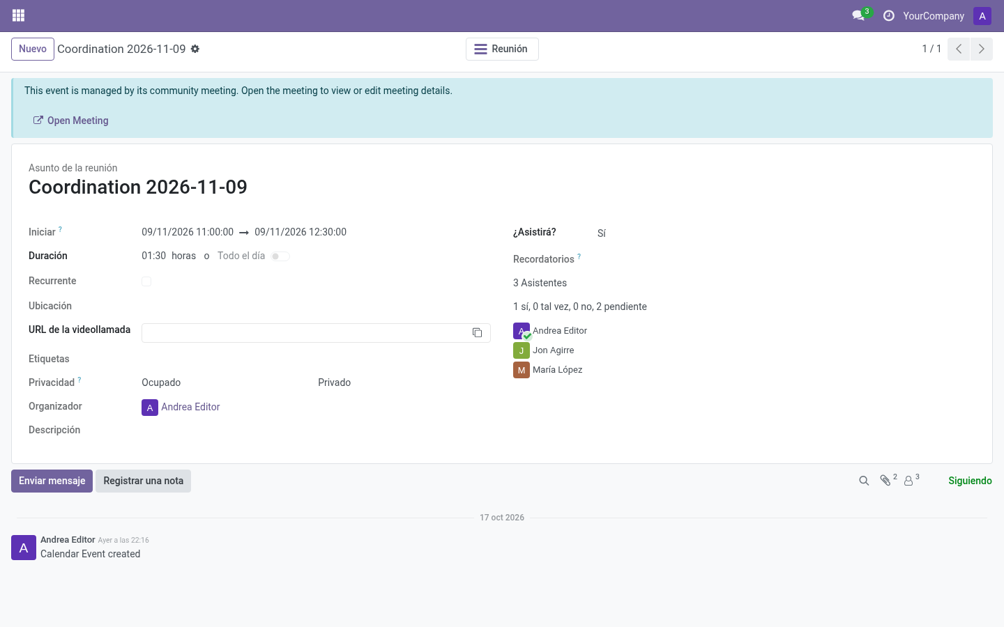 Calendar event linked to a meeting