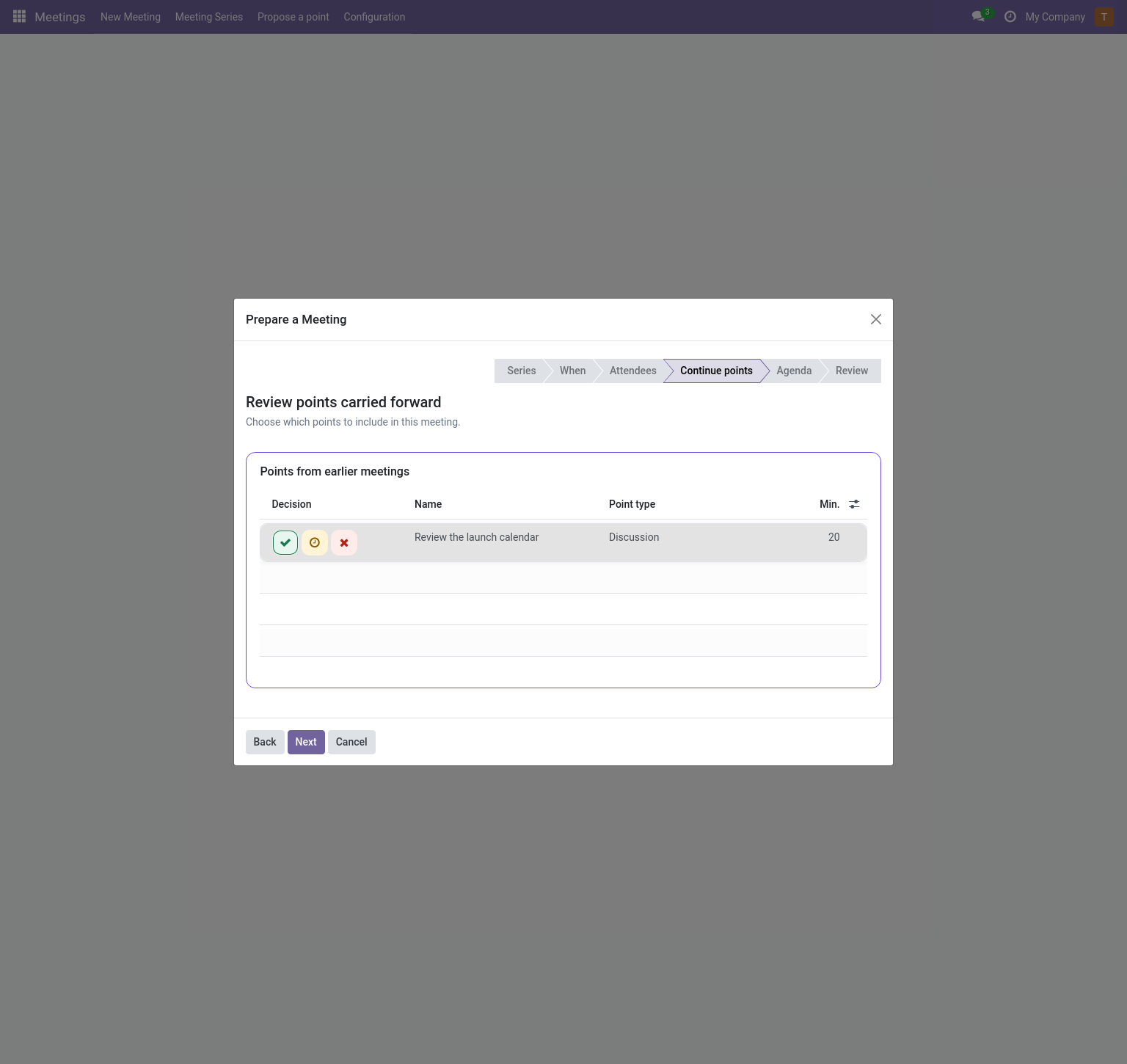 Meeting wizard: carryover decisions