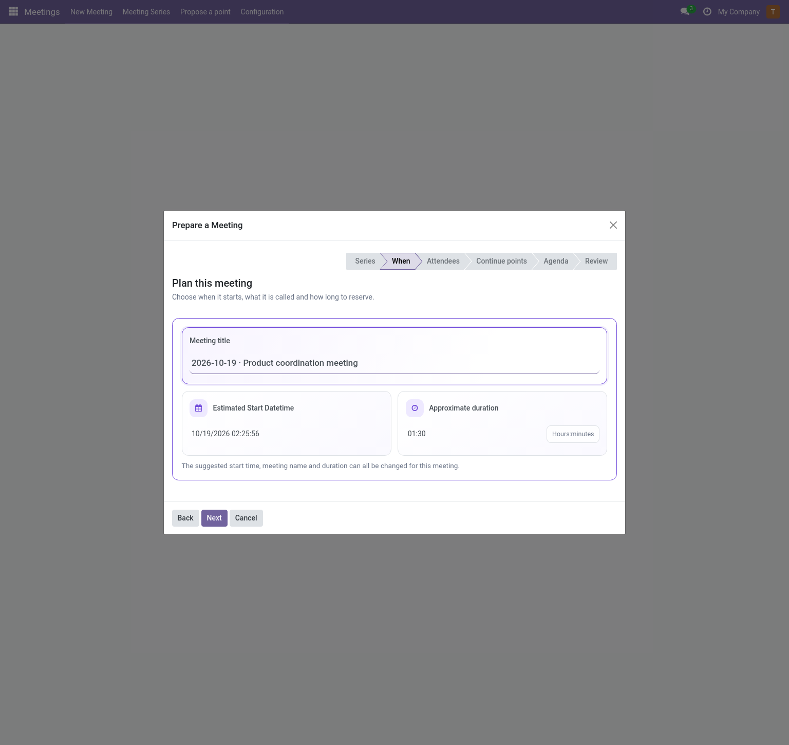 Meeting wizard: date, time, title and duration