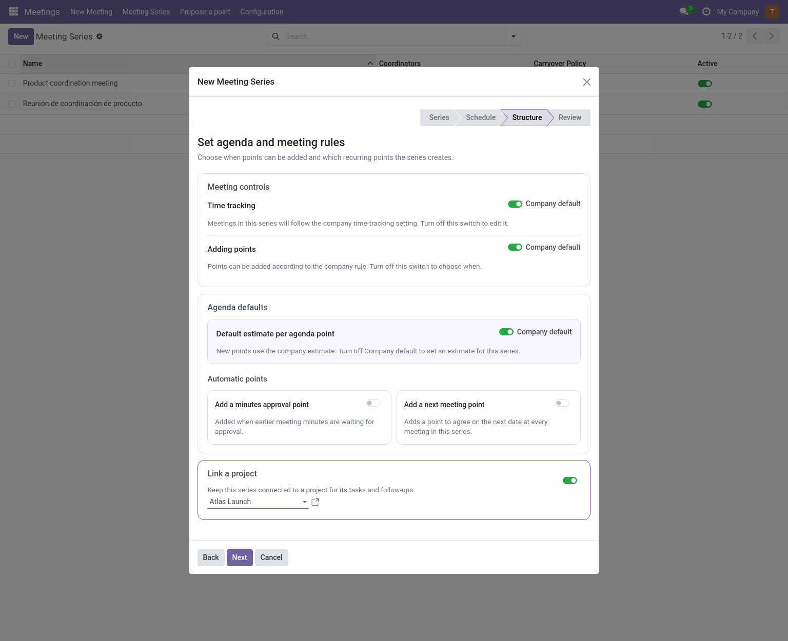 New Meeting Series wizard with an existing project linked