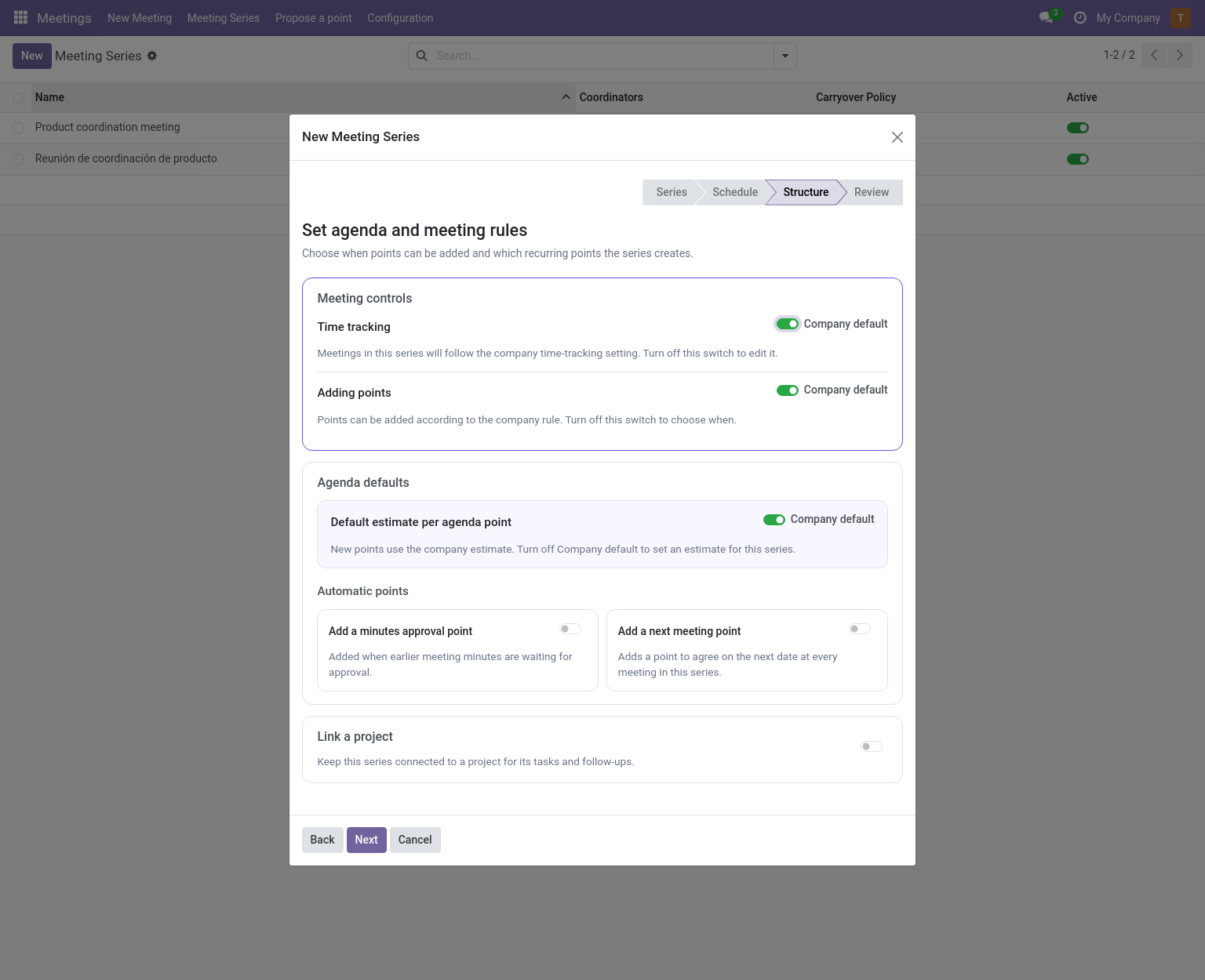 New Meeting Series wizard: Structure step